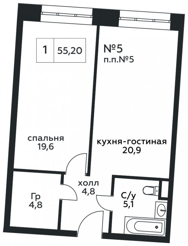 1-комнатные апартаменты 55.2 м2, 2 этаж, сдача 4 квартал 2023 г., ЖК Сити комплекс Амарант, корпус 1 - объявление 1834982 - фото №1