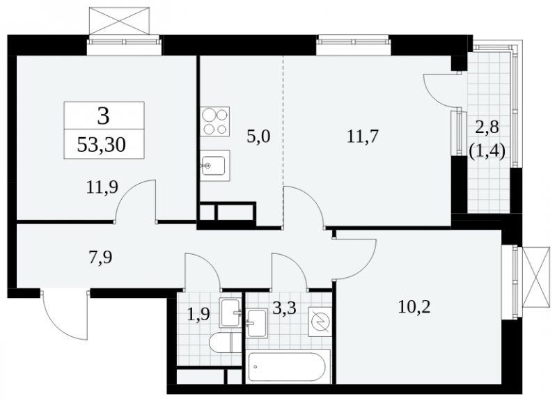 3-комнатная квартира (евро) с частичной отделкой, 53.3 м2, 9 этаж, сдача 2 квартал 2025 г., ЖК Прокшино, корпус 5.1.1 - объявление 1859873 - фото №1