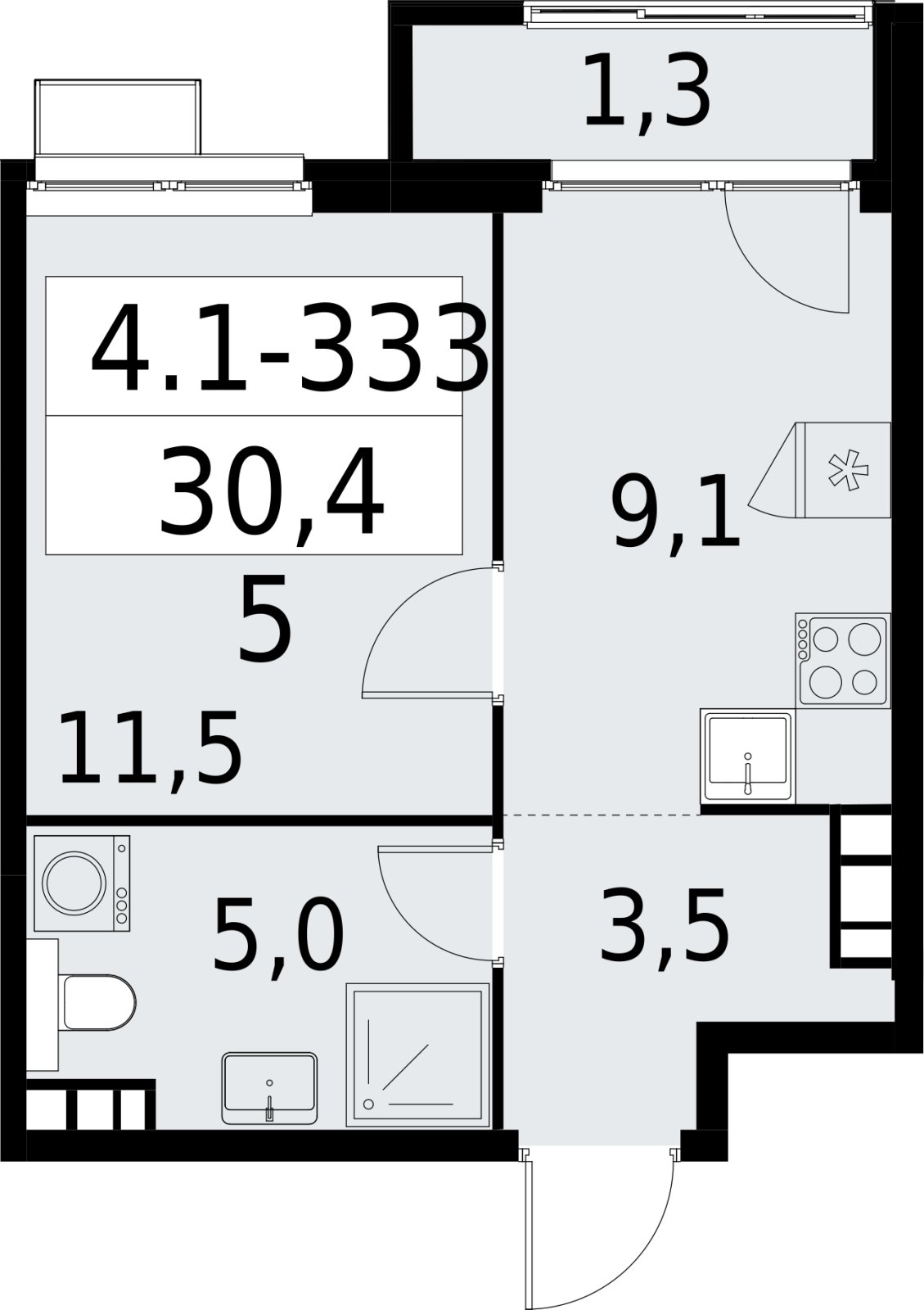 1-комнатная квартира с полной отделкой, 30.4 м2, 14 этаж, сдача 2 квартал 2027 г., ЖК Южные сады, корпус 4.1.2 - объявление 2392841 - фото №1