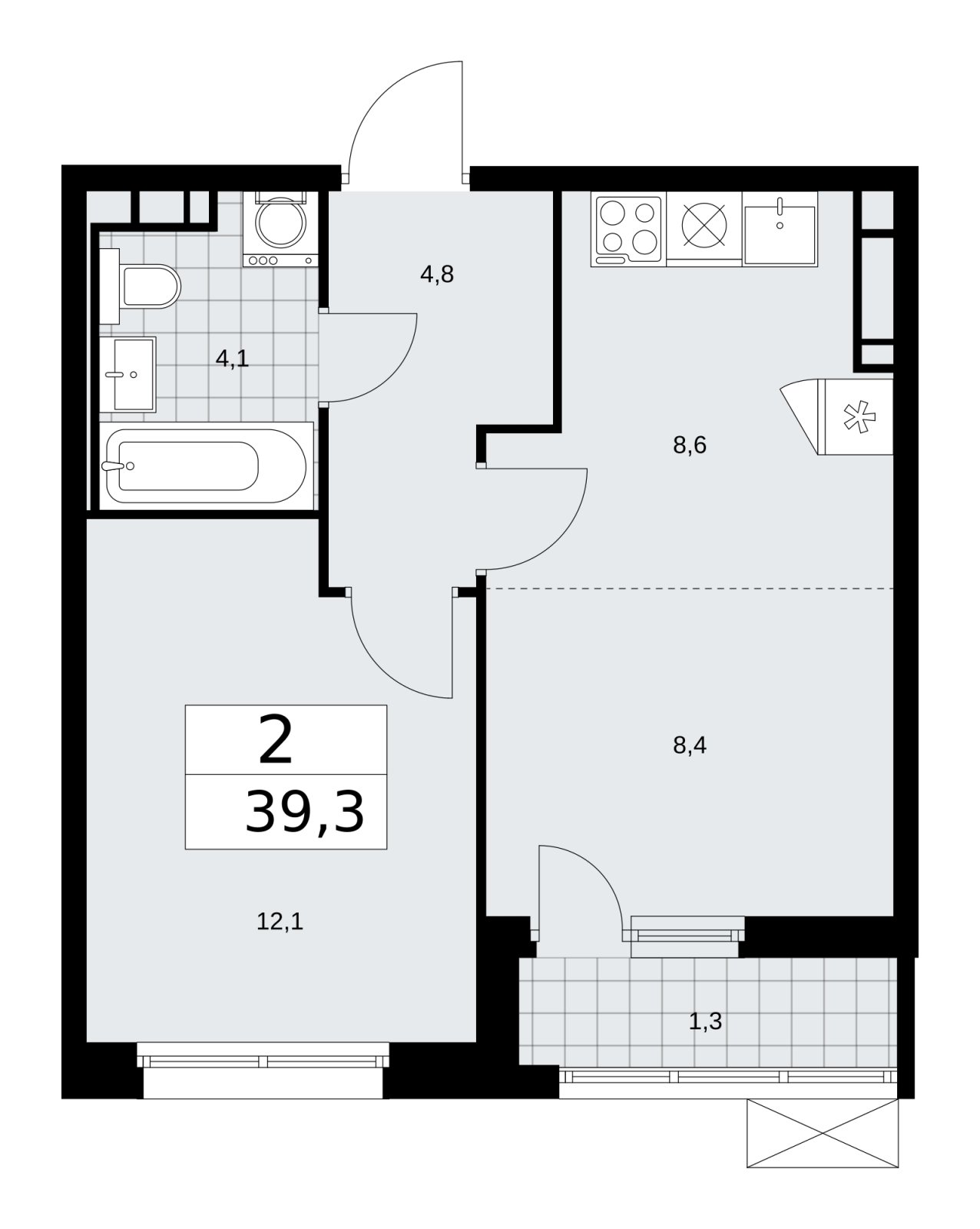 2-комнатная квартира (евро) без отделки, 39.3 м2, 10 этаж, сдача 2 квартал 2026 г., ЖК Скандинавия, корпус 25.4 - объявление 2284062 - фото №1