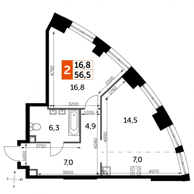 1-комнатная квартира с частичной отделкой, 56.5 м2, 8 этаж, сдача 3 квартал 2024 г., ЖК Sydney City, корпус 2.2 - объявление 1695091 - фото №1