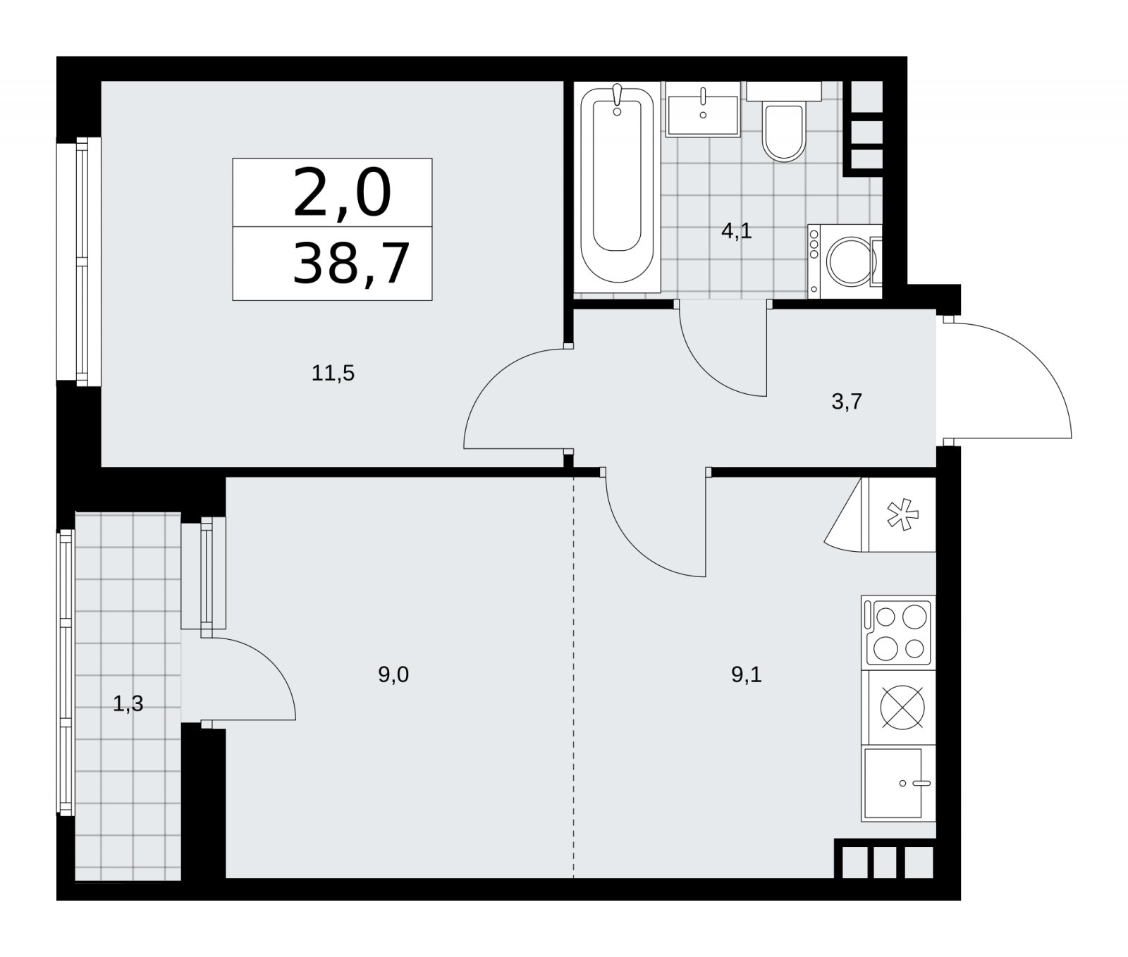2-комнатная квартира (евро) без отделки, 38.7 м2, 5 этаж, сдача 1 квартал 2026 г., ЖК Дзен-кварталы, корпус 3.2 - объявление 2241596 - фото №1