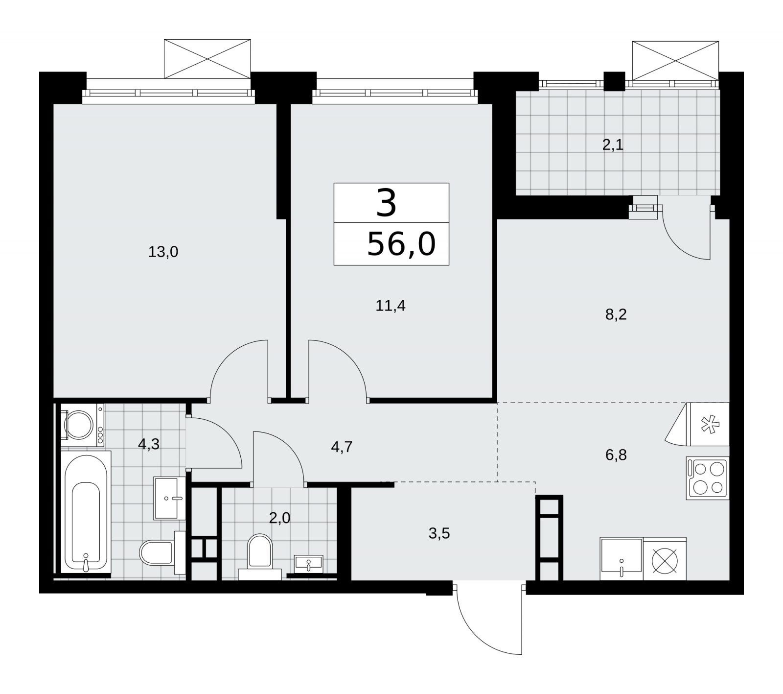 3-комнатная квартира (евро) без отделки, 56 м2, 9 этаж, сдача 2 квартал 2026 г., ЖК Скандинавия, корпус 25.6 - объявление 2284283 - фото №1