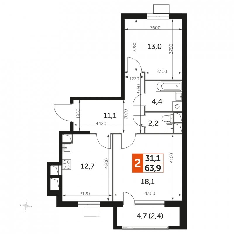2-комнатная квартира без отделки, 63.9 м2, 8 этаж, сдача 3 квартал 2023 г., ЖК UP-квартал Римский, корпус 7 - объявление 1447778 - фото №1