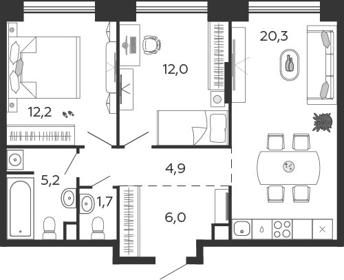 2-комнатная квартира без отделки, 62.3 м2, 6 этаж, сдача 1 квартал 2024 г., ЖК SHAGAL, корпус 1.6 - объявление 2344679 - фото №1