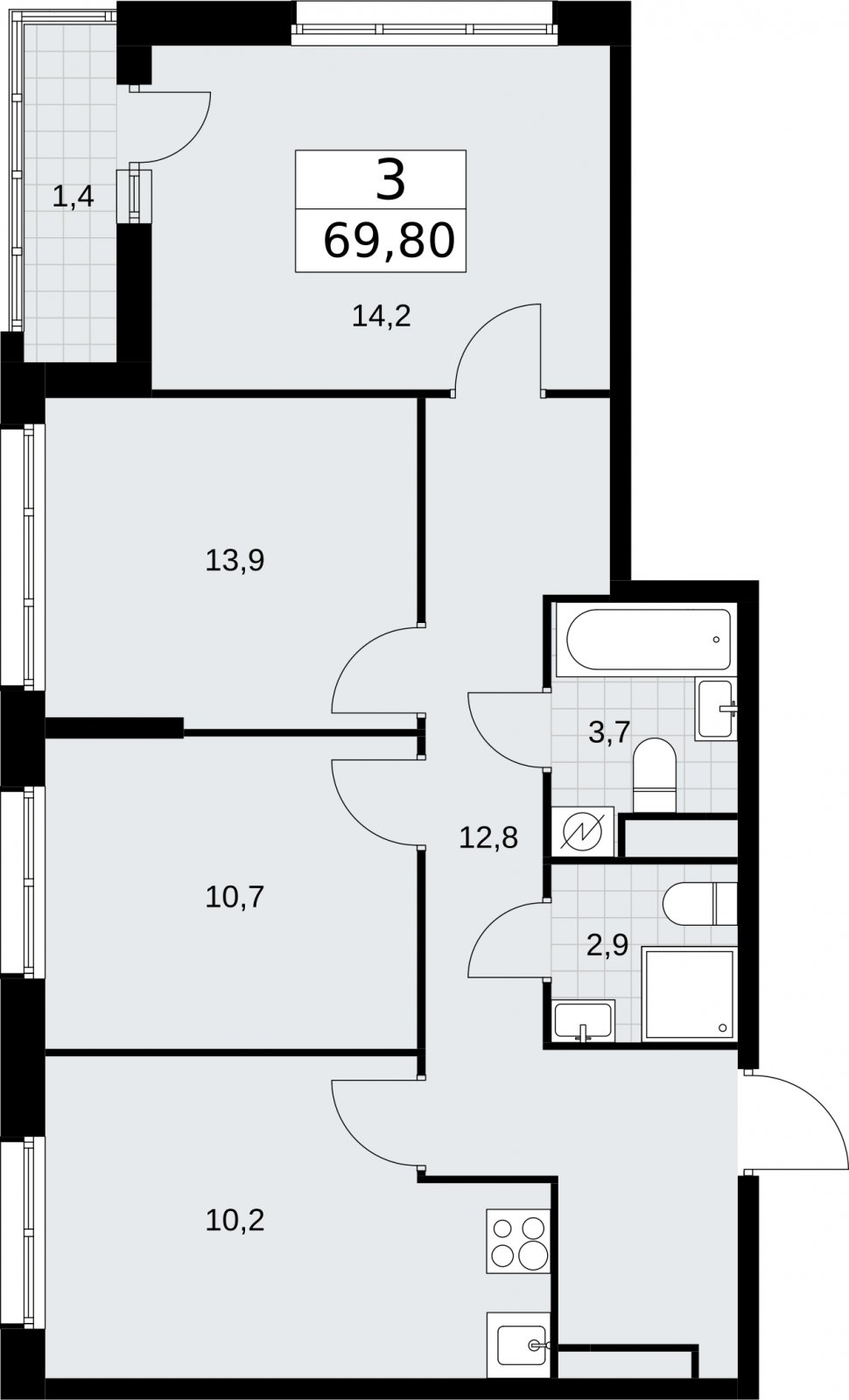 3-комнатная квартира с полной отделкой, 69.8 м2, 9 этаж, сдача 4 квартал 2026 г., ЖК Родные кварталы, корпус 1.2 - объявление 2317856 - фото №1