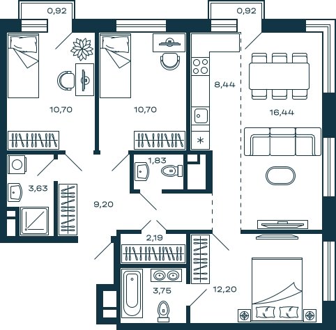 3-комнатная квартира без отделки, 79.64 м2, 23 этаж, сдача 3 квартал 2025 г., ЖК М_5, корпус 2 - объявление 2022027 - фото №1