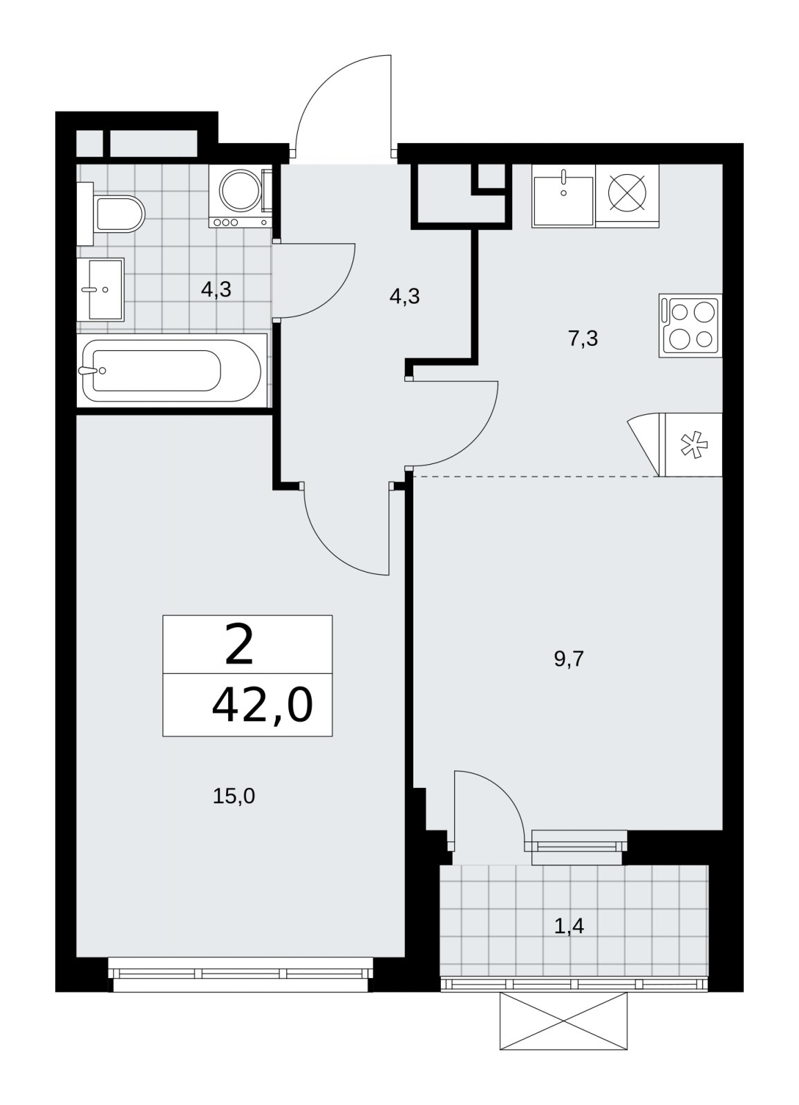 2-комнатная квартира (евро) без отделки, 42 м2, 14 этаж, сдача 1 квартал 2026 г., ЖК Прокшино, корпус 11.2.2 - объявление 2270153 - фото №1