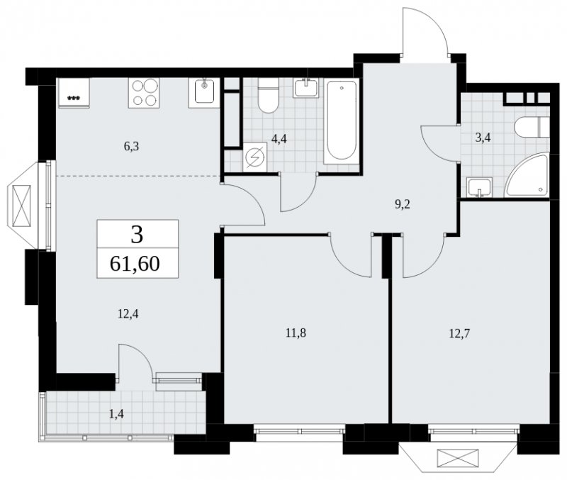 3-комнатная квартира (евро) с частичной отделкой, 61.6 м2, 8 этаж, сдача 4 квартал 2024 г., ЖК Бунинские кварталы, корпус 1.2 - объявление 1834505 - фото №1