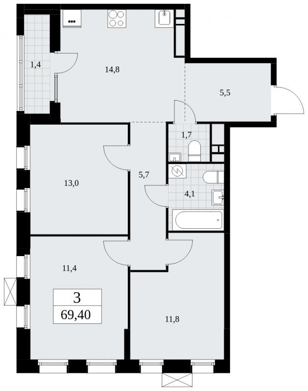 3-комнатная квартира с частичной отделкой, 69.4 м2, 16 этаж, сдача 1 квартал 2025 г., ЖК Дзен-кварталы, корпус 1.1 - объявление 1895609 - фото №1
