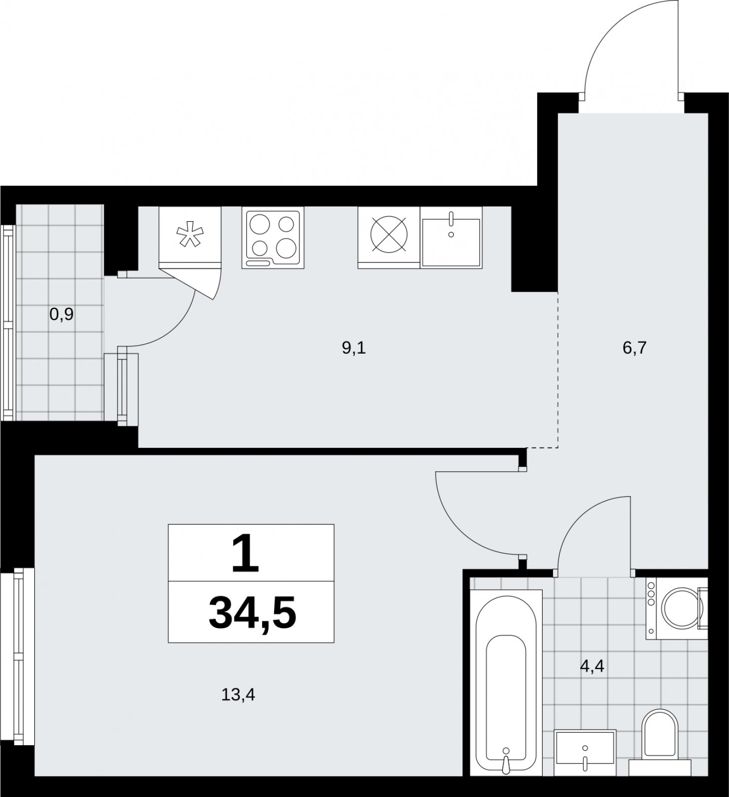 1-комнатная квартира с полной отделкой, 34.5 м2, 6 этаж, сдача 3 квартал 2026 г., ЖК Дзен-кварталы, корпус 6.1.3 - объявление 2327830 - фото №1