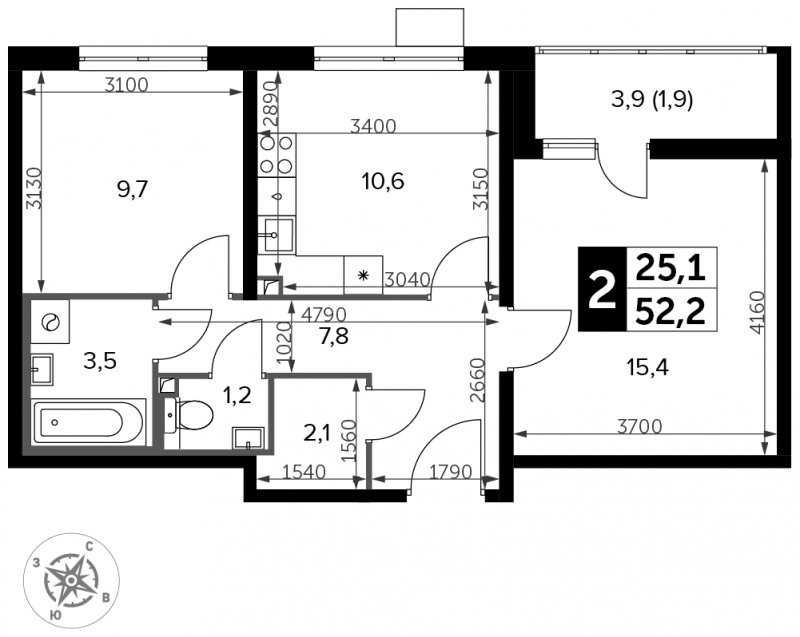 2-комнатная квартира с частичной отделкой, 52.2 м2, 2 этаж, сдача 3 квартал 2023 г., ЖК Южная Битца, корпус 11 - объявление 1658613 - фото №1
