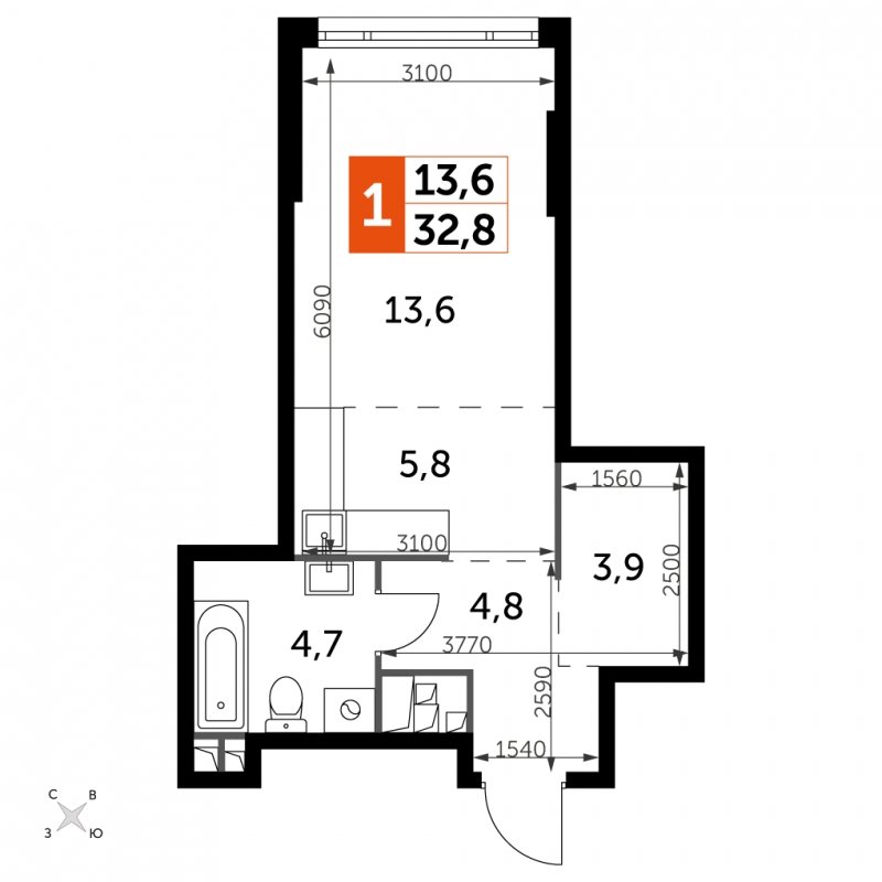 1-комнатная квартира с частичной отделкой, 32.8 м2, 26 этаж, сдача 4 квартал 2024 г., ЖК ROTTERDAM, корпус 2.3 - объявление 1849300 - фото №1