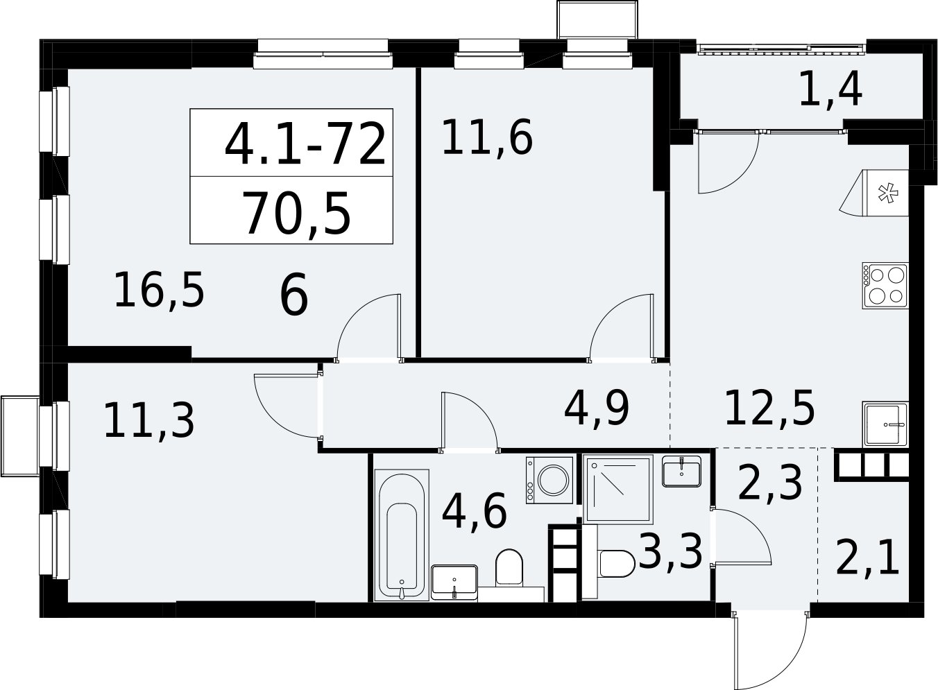 3-комнатная квартира с полной отделкой, 70.5 м2, 13 этаж, сдача 2 квартал 2027 г., ЖК Южные сады, корпус 4.1.1 - объявление 2392613 - фото №1