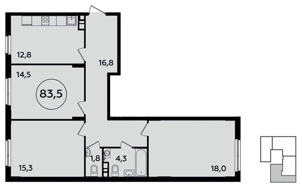 3-комнатная квартира без отделки, 83.5 м2, 3 этаж, дом сдан, ЖК Испанские кварталы, корпус 1.1 - объявление 2289453 - фото №1