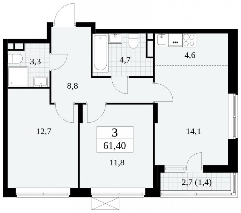 3-комнатная квартира (евро) без отделки, 61.4 м2, 4 этаж, сдача 3 квартал 2024 г., ЖК Прокшино, корпус 8.5 - объявление 1684184 - фото №1