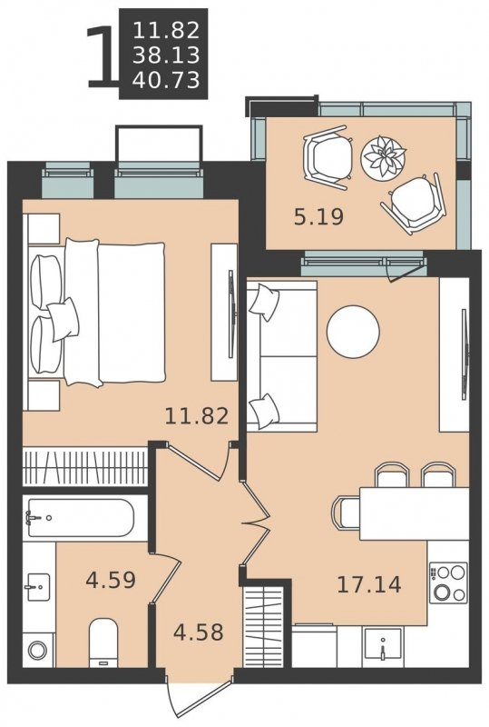 1-комнатная квартира без отделки, 40.73 м2, 3 этаж, сдача 1 квартал 2024 г., ЖК Мишино-2, корпус 6 - объявление 1949072 - фото №1