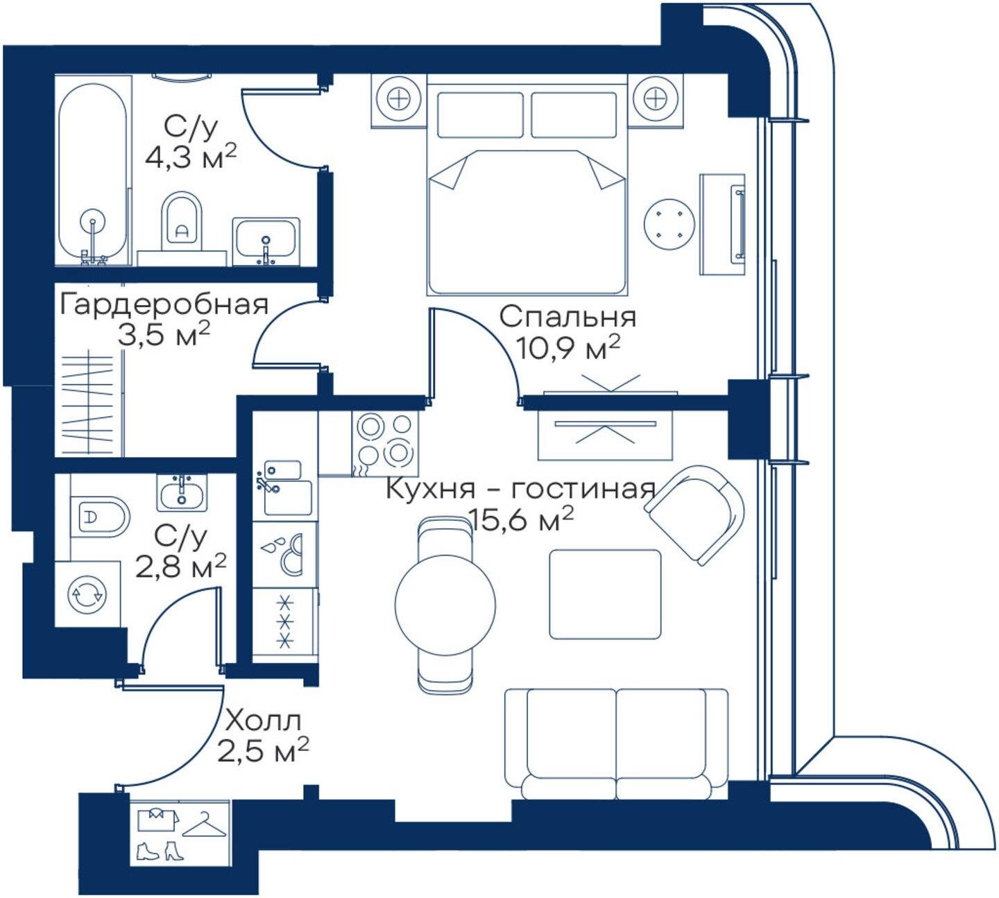 1-комнатная квартира с частичной отделкой, 39.6 м2, 16 этаж, сдача 3 квартал 2025 г., ЖК City Bay, корпус Atlantic Ocean 3 - объявление 2213697 - фото №1