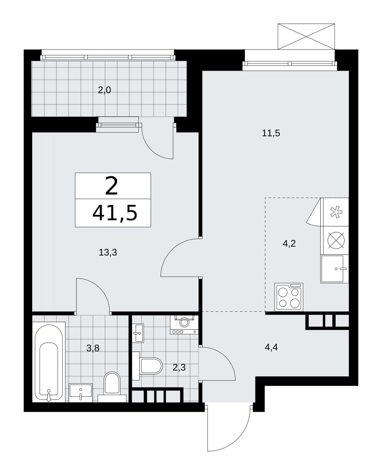 2-комнатная квартира (евро) без отделки, 41.5 м2, 4 этаж, сдача 1 квартал 2026 г., ЖК Дзен-кварталы, корпус 4.3 - объявление 2251740 - фото №1