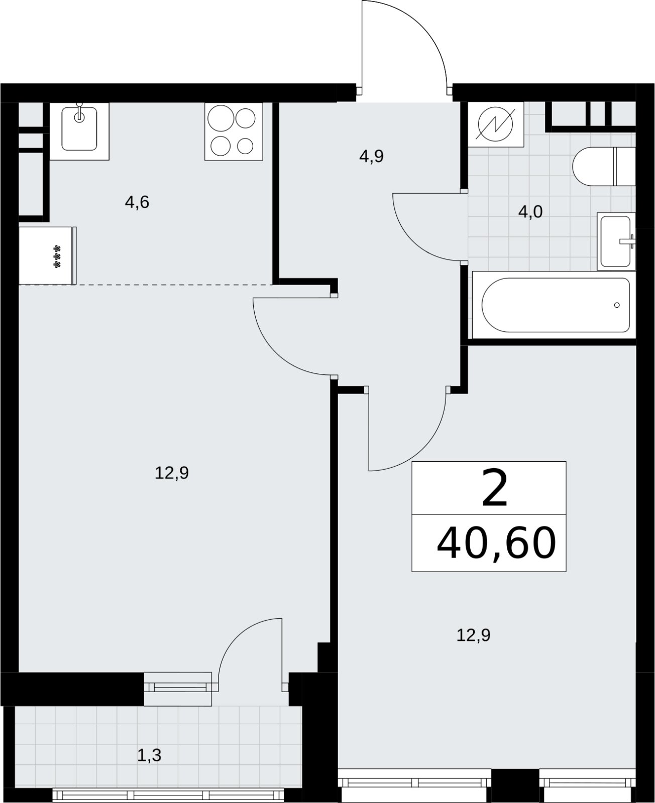 2-комнатная квартира (евро) с полной отделкой, 40.6 м2, 10 этаж, сдача 4 квартал 2026 г., ЖК Родные кварталы, корпус 3.3 - объявление 2378538 - фото №1