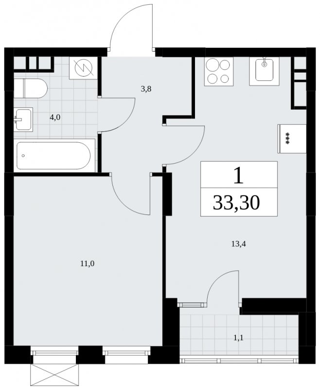 1-комнатная квартира без отделки, 33.3 м2, 7 этаж, сдача 1 квартал 2025 г., ЖК Дзен-кварталы, корпус 1.4 - объявление 1896144 - фото №1