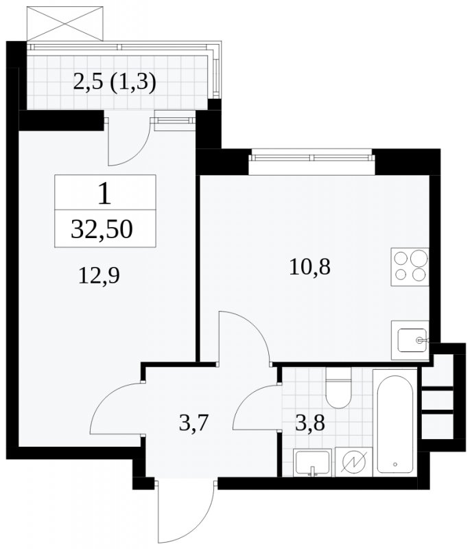 1-комнатная квартира без отделки, 32.5 м2, 5 этаж, сдача 1 квартал 2025 г., ЖК Прокшино, корпус 5.2.1 - объявление 1750969 - фото №1