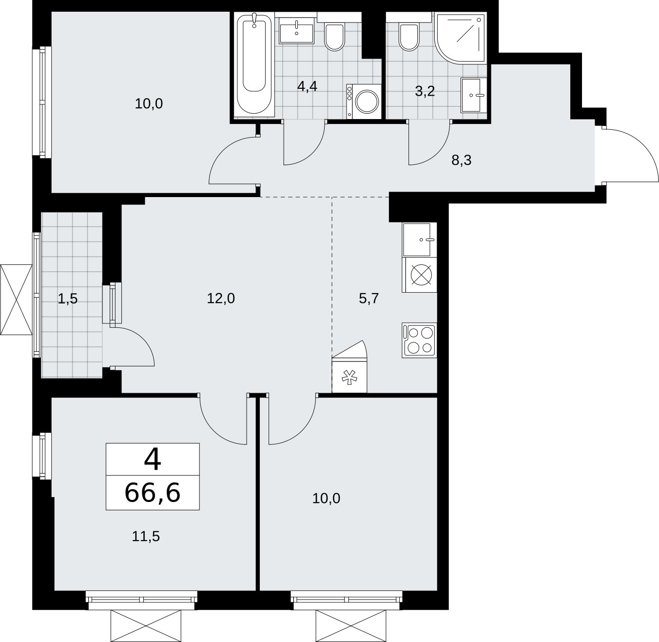 4-комнатная квартира (евро) без отделки, 66.6 м2, 3 этаж, сдача 2 квартал 2026 г., ЖК Бунинские кварталы, корпус 7.4 - объявление 2314039 - фото №1