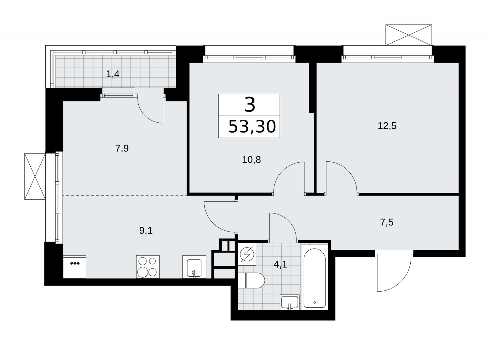 3-комнатная квартира (евро) с частичной отделкой, 53.3 м2, 9 этаж, сдача 4 квартал 2025 г., ЖК Бунинские кварталы, корпус 3.3 - объявление 2151992 - фото №1