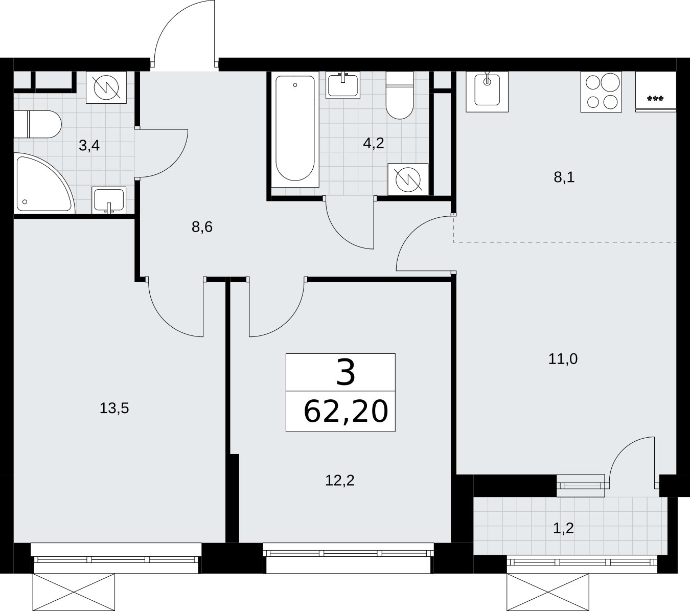 3-комнатная квартира (евро) без отделки, 62.2 м2, 3 этаж, сдача 3 квартал 2026 г., ЖК Родные кварталы, корпус 2 - объявление 2295429 - фото №1