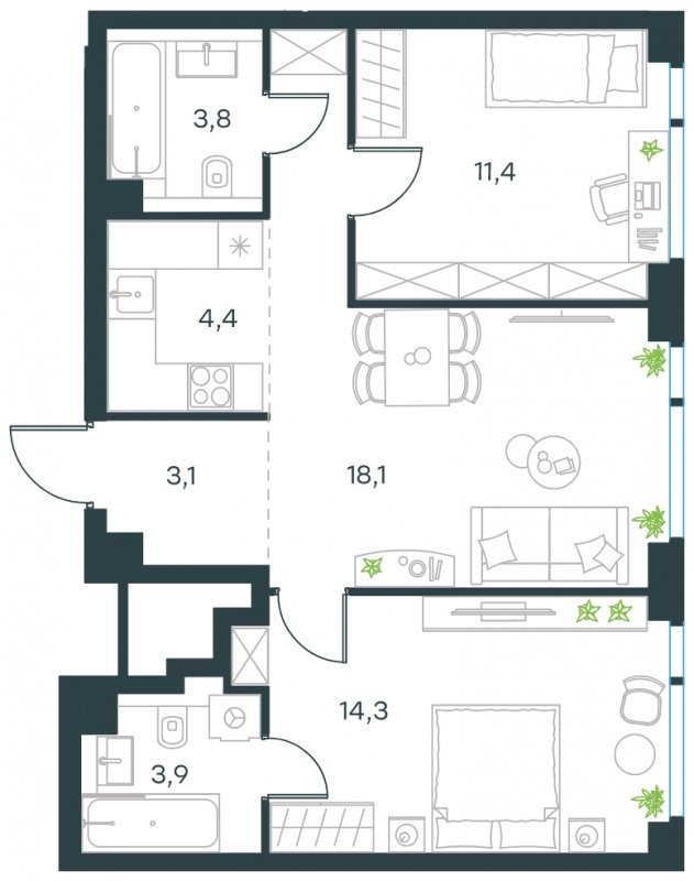 3-комнатная квартира без отделки, 59 м2, 39 этаж, сдача 4 квартал 2024 г., ЖК Level Мичуринский, корпус 4 - объявление 1714328 - фото №1