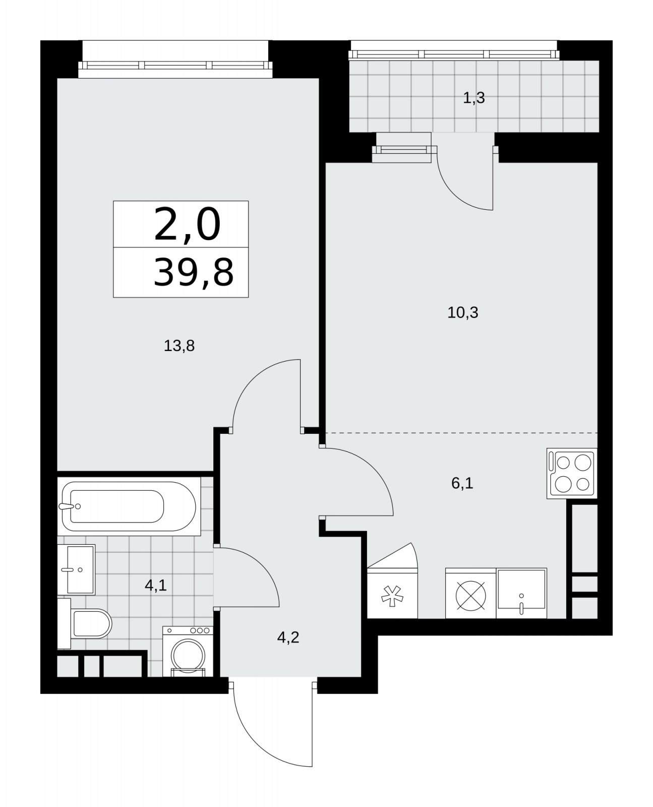 2-комнатная квартира (евро) с частичной отделкой, 39.8 м2, 13 этаж, сдача 2 квартал 2026 г., ЖК Дзен-кварталы, корпус 3.4 - объявление 2241934 - фото №1