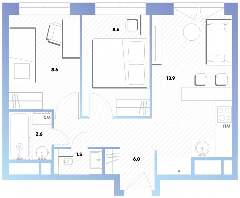 2-комнатная квартира с полной отделкой, 41.2 м2, 20 этаж, дом сдан, ЖК balance, корпус 2 - объявление 1886955 - фото №1