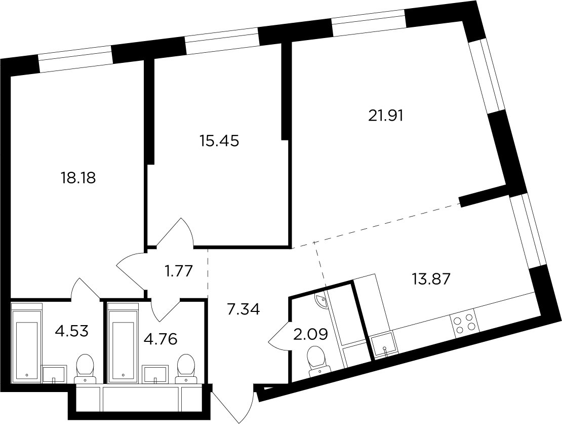 3-комнатная квартира без отделки, 89.9 м2, 7 этаж, дом сдан, ЖК КутузовGRAD 2, корпус 6 - объявление 2355121 - фото №1
