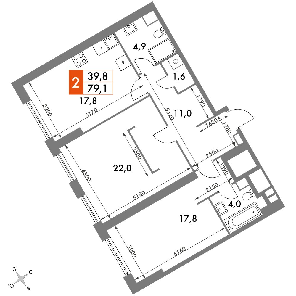2-комнатная квартира без отделки, 79.1 м2, 38 этаж, дом сдан, ЖК Архитектор, корпус 3 - объявление 2276278 - фото №1