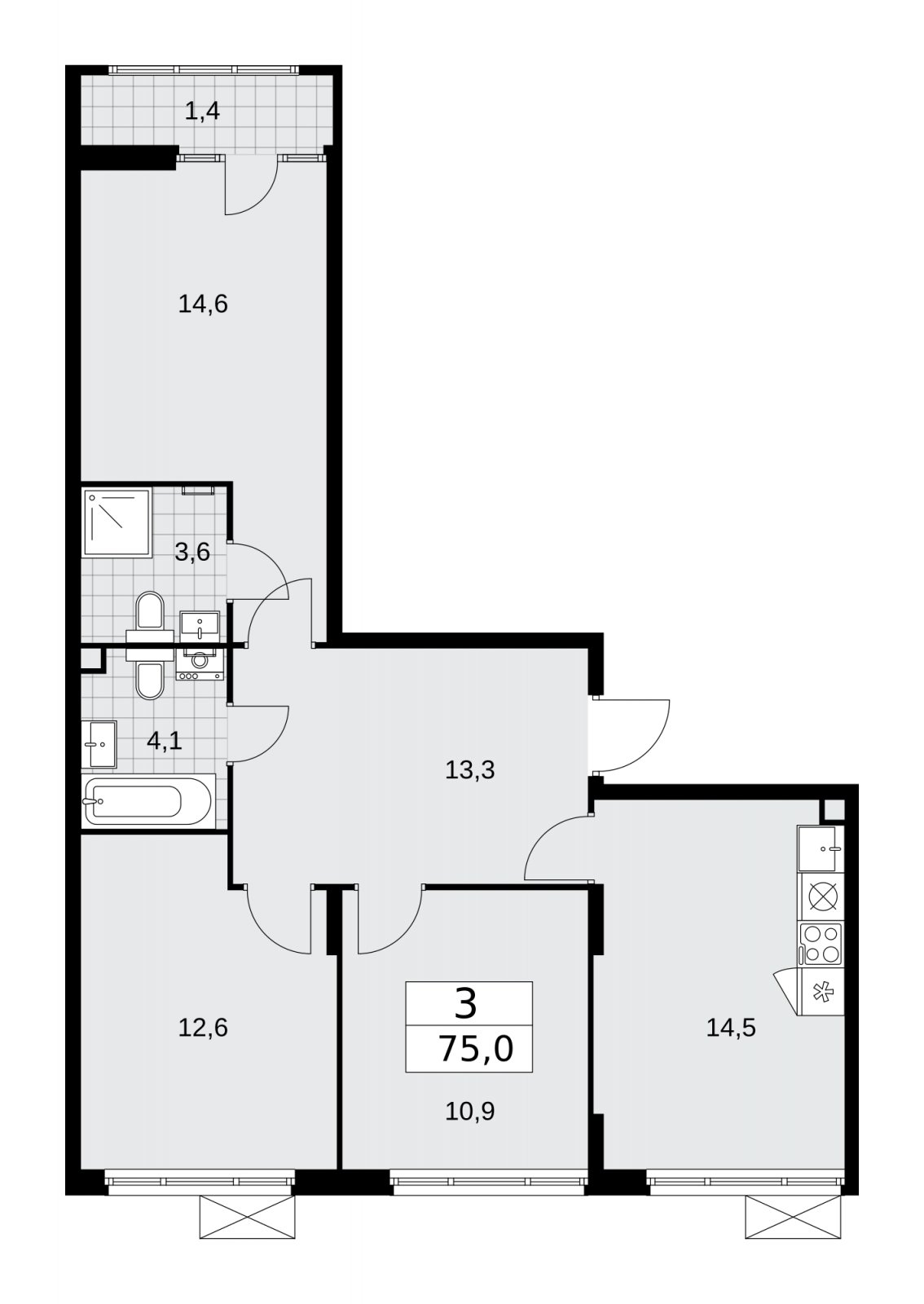 3-комнатная квартира с полной отделкой, 75 м2, 2 этаж, сдача 2 квартал 2026 г., ЖК Деснаречье, корпус 4.8 - объявление 2265088 - фото №1