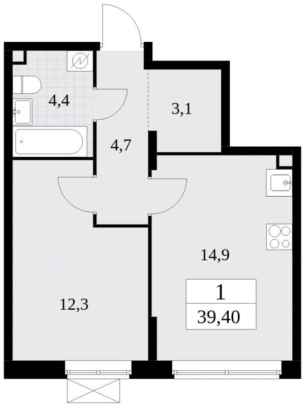 1-комнатная квартира без отделки, 39.4 м2, 2 этаж, сдача 1 квартал 2025 г., ЖК Прокшино, корпус 5.1.3 - объявление 1810720 - фото №1