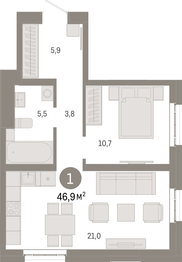 1-комнатная квартира 46.9 м2, 4 этаж, сдача 3 квартал 2026 г., ЖК Квартал Метроном, корпус 1 - объявление 2330872 - фото №1