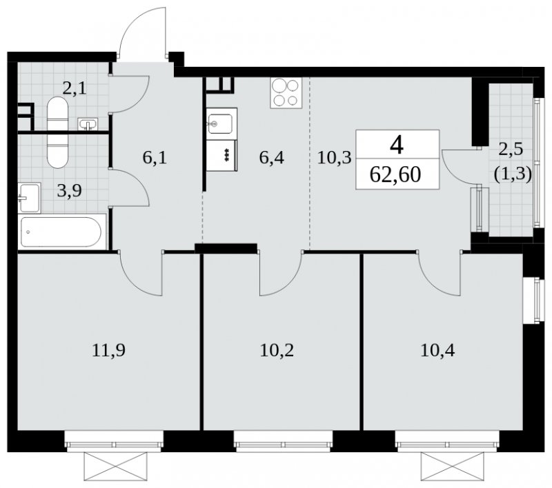 4-комнатная квартира (евро) без отделки, 62.6 м2, 3 этаж, сдача 2 квартал 2024 г., ЖК Прокшино, корпус 6.1 - объявление 1662686 - фото №1