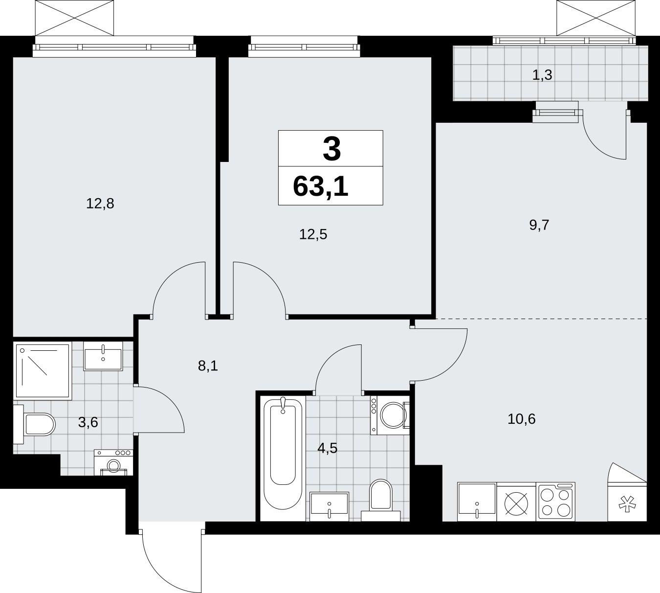 3-комнатная квартира (евро) без отделки, 63.1 м2, 3 этаж, сдача 2 квартал 2026 г., ЖК Дзен-кварталы, корпус 6.1.1 - объявление 2327085 - фото №1