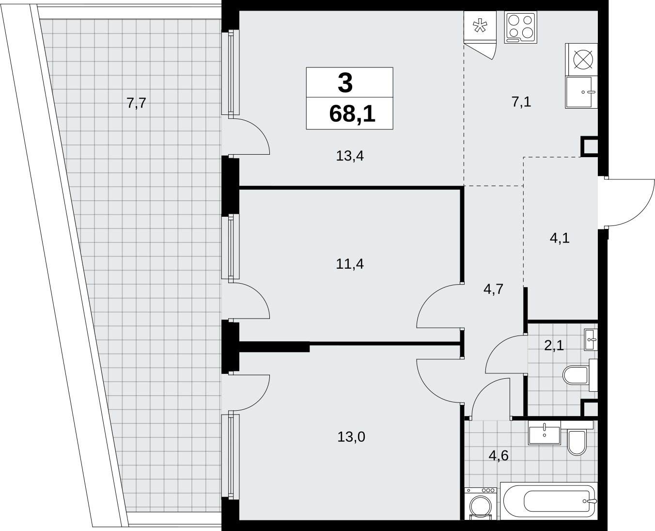 3-комнатная квартира (евро) без отделки, 68.1 м2, 2 этаж, сдача 4 квартал 2026 г., ЖК Скандинавия, корпус 2.18.1.1 - объявление 2350567 - фото №1