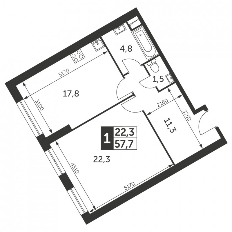 1-комнатная квартира с частичной отделкой, 57.7 м2, 33 этаж, сдача 4 квартал 2023 г., ЖК Архитектор, корпус 3 - объявление 1566080 - фото №1