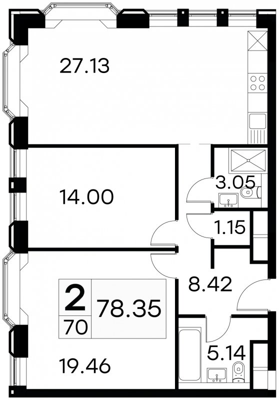 2-комнатные апартаменты с частичной отделкой, 78.35 м2, 7 этаж, сдача 3 квартал 2024 г., ЖК GloraX Aura Белорусская, корпус 1 - объявление 1708730 - фото №1