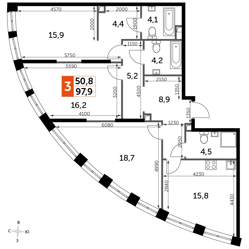 3-комнатная квартира без отделки, 97.9 м2, 43 этаж, сдача 3 квартал 2024 г., ЖК Sydney City, корпус 2.2 - объявление 2329935 - фото №1