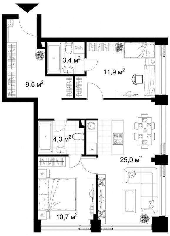 2-комнатная квартира с частичной отделкой, 64.8 м2, 7 этаж, сдача 4 квартал 2022 г., ЖК Kazakov Grand Loft, корпус 1 - объявление 1757911 - фото №1