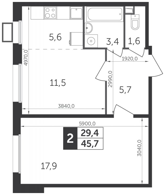 2-комнатная квартира с частичной отделкой, 45.5 м2, 15 этаж, дом сдан, ЖК Датский квартал, корпус 1 - объявление 1818217 - фото №1