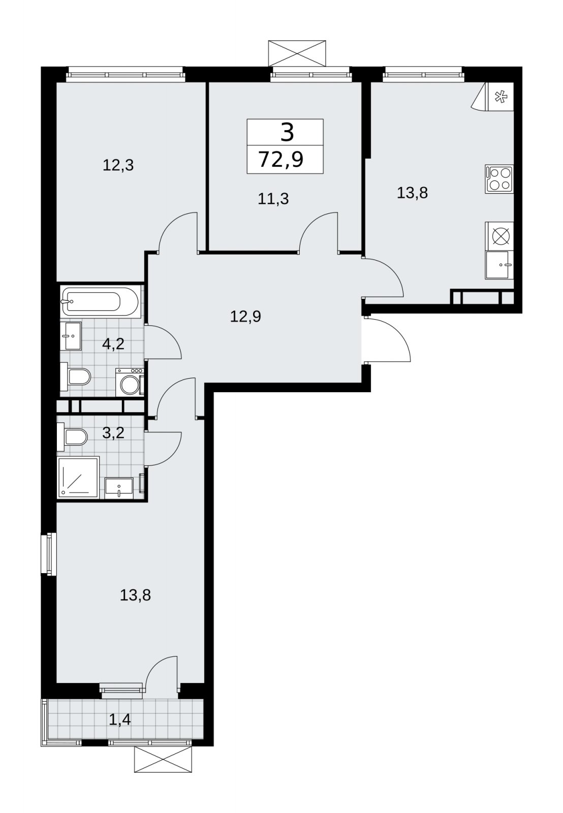 3-комнатная квартира без отделки, 72.9 м2, 12 этаж, сдача 4 квартал 2025 г., ЖК Прокшино, корпус 11.1.4 - объявление 2257506 - фото №1