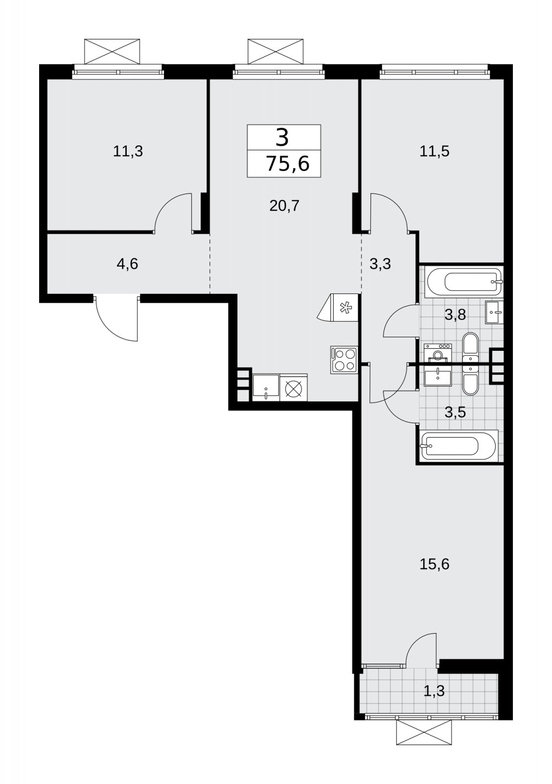 3-комнатная квартира без отделки, 75.6 м2, 12 этаж, сдача 1 квартал 2026 г., ЖК Деснаречье, корпус 4.1 - объявление 2263312 - фото №1