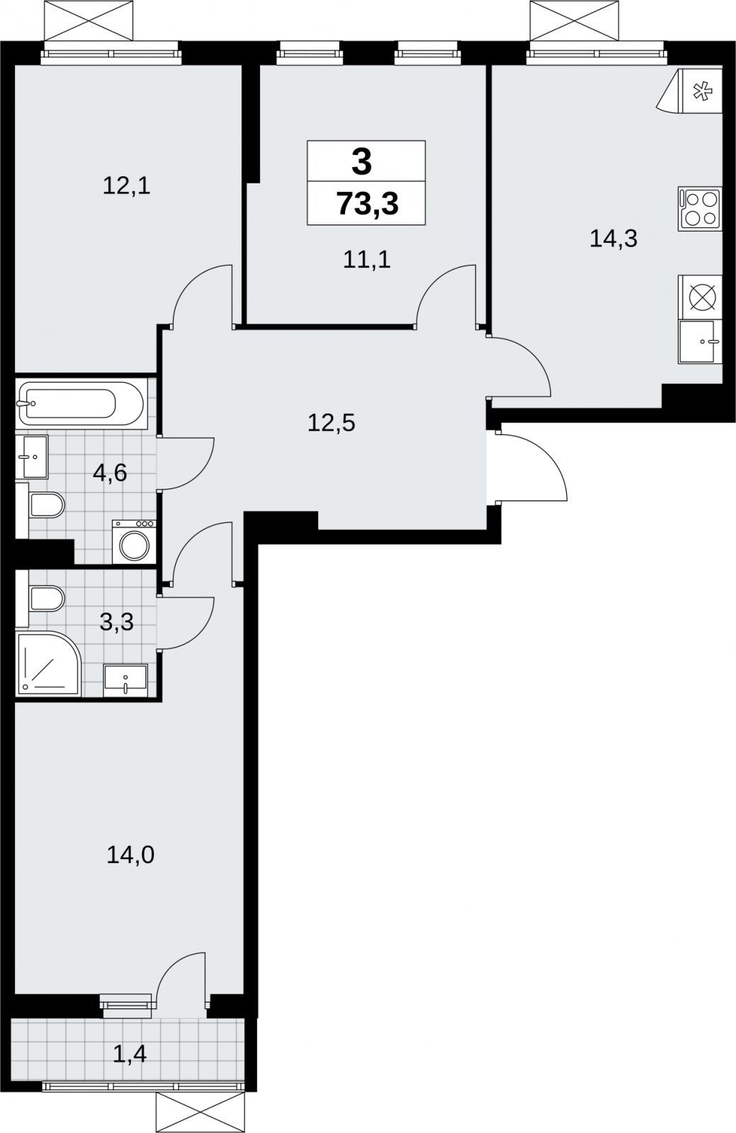 3-комнатная квартира без отделки, 73.3 м2, 9 этаж, сдача 2 квартал 2026 г., ЖК Бунинские кварталы, корпус 9.1 - объявление 2324028 - фото №1