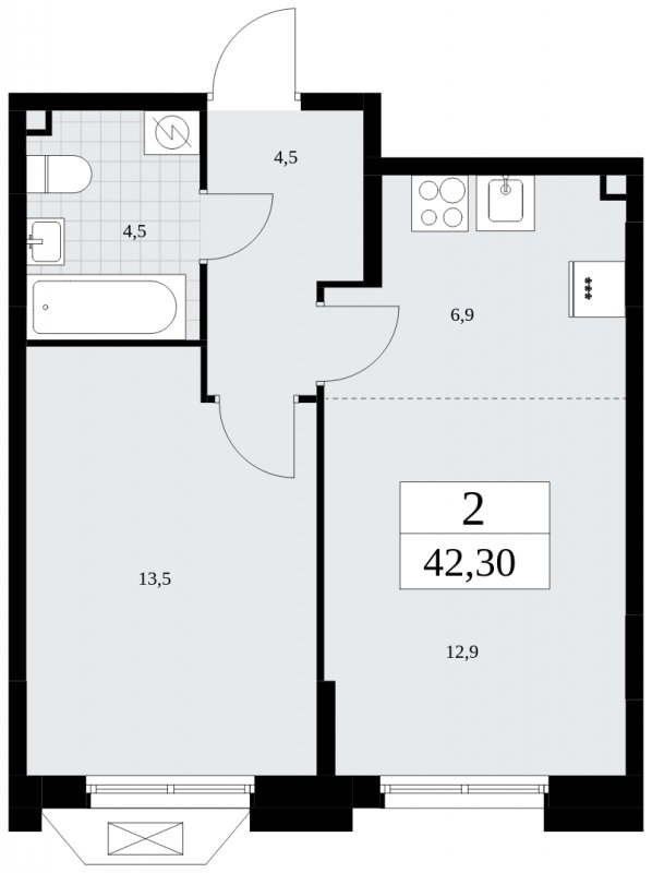 2-комнатная квартира (евро) с полной отделкой, 42.3 м2, 2 этаж, сдача 2 квартал 2025 г., ЖК Бунинские кварталы, корпус 1.2 - объявление 1834468 - фото №1