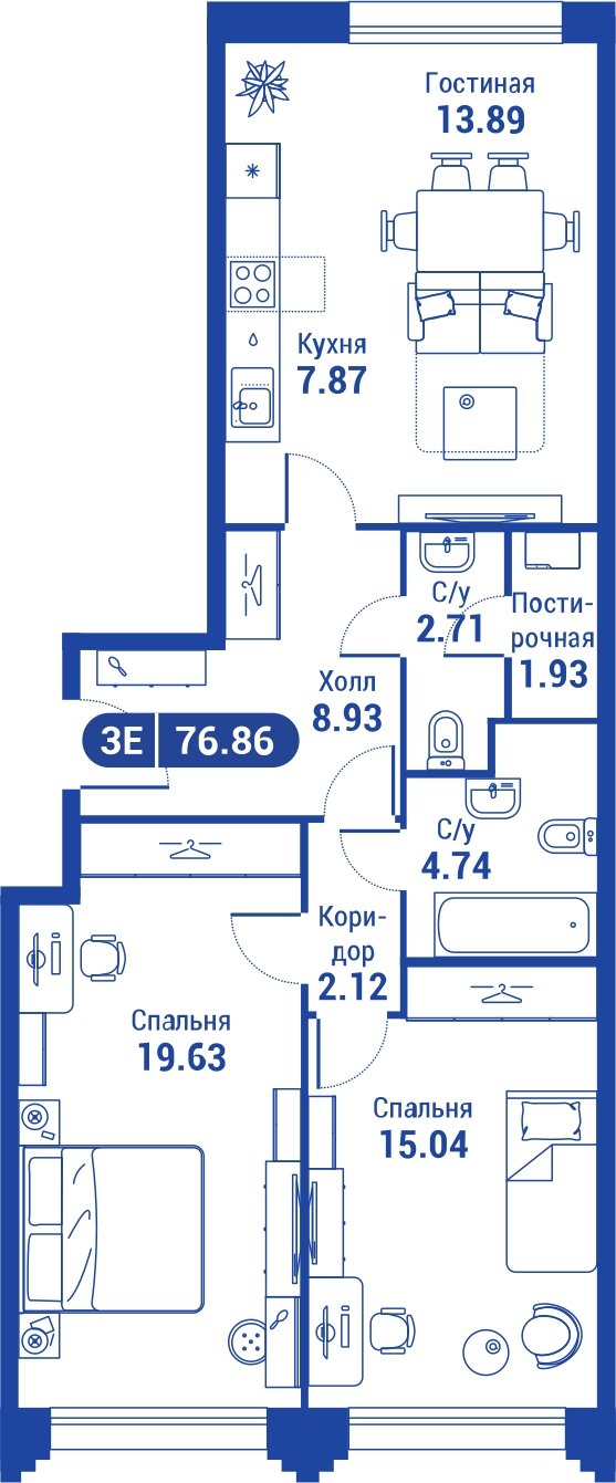 3-комнатная квартира без отделки, 76.3 м2, 3 этаж, сдача 4 квартал 2023 г., ЖК iLove, корпус 3 - объявление 2047249 - фото №1